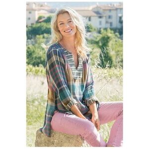 Soft Surroundings Multicolor Gauze Cotton Plaid V-Neck Top Boho Office Casual